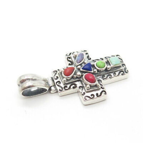 925 Sterling Silver Vintage Lapis Lazuli Coral & Turquoise Gem Cross Pendant - Picture 7 of 8